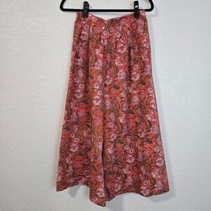 Anokhi Floral Print Wide Leg Culotte Pants Coral Pink Green Size S